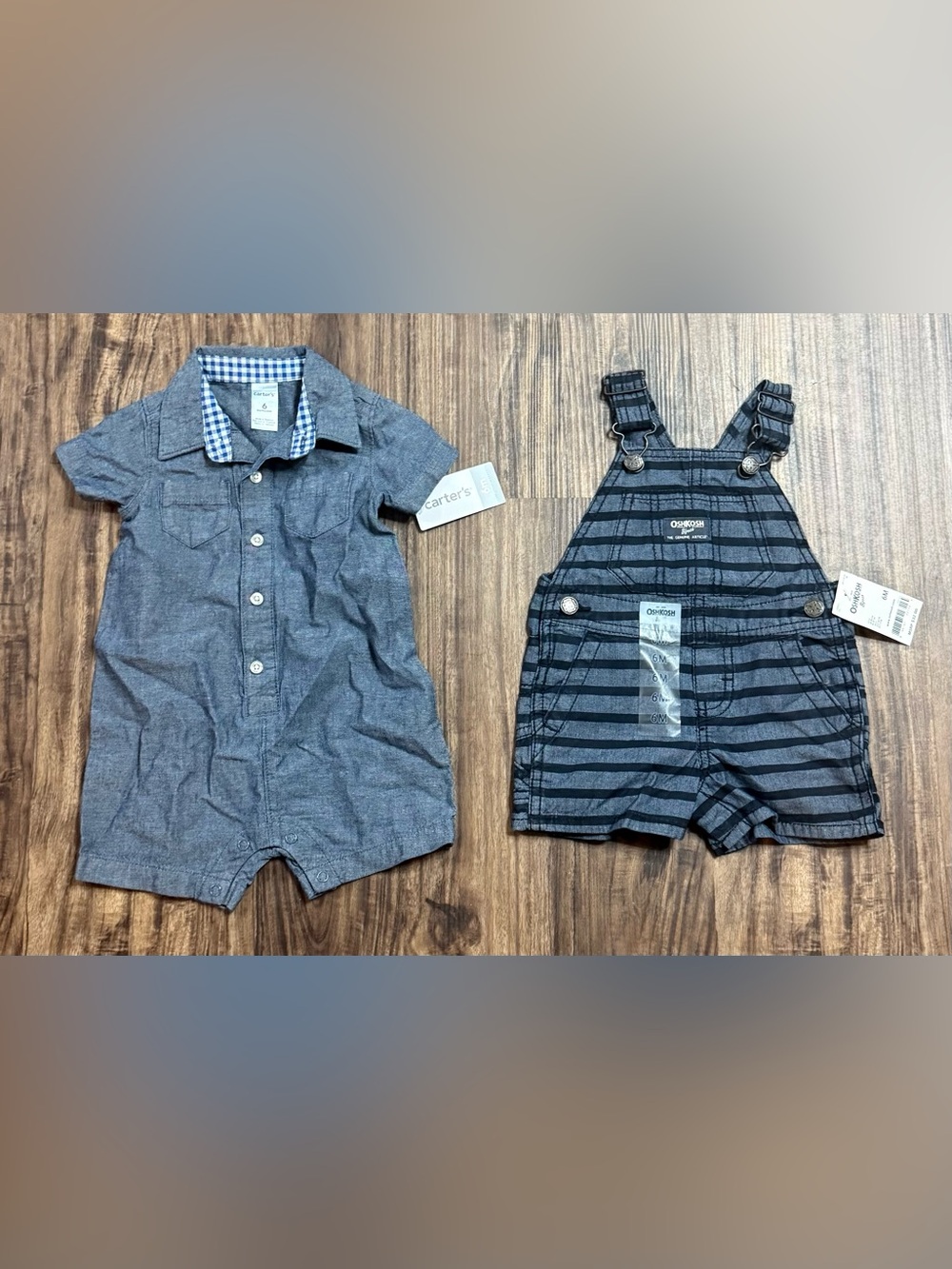 Carter's Gray Chambray Romper and Navy Striped OshKosh Bgosh Overalls NWT 6m Boy
